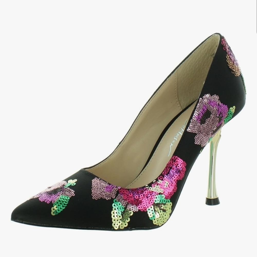 Betsey Johnson Black Heels with Pink and Green Sequins